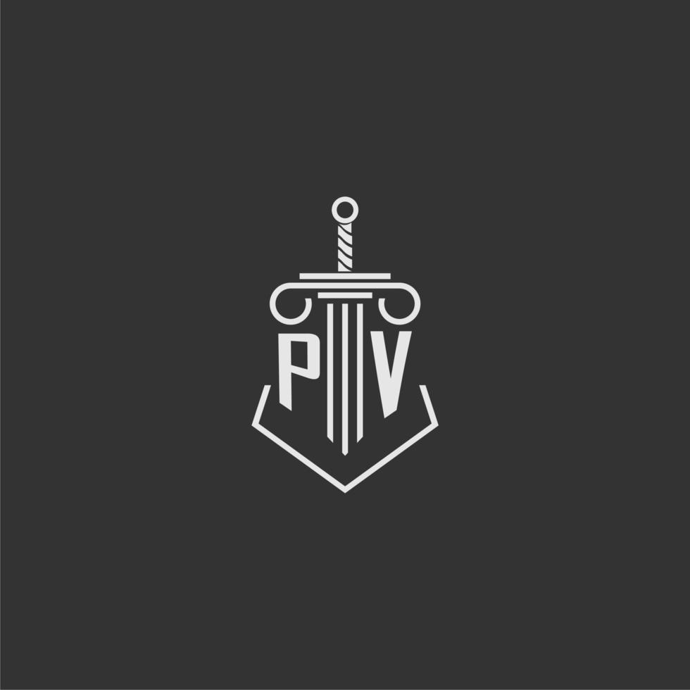 PV initial monogram law firm with sword and pillar logo design vector