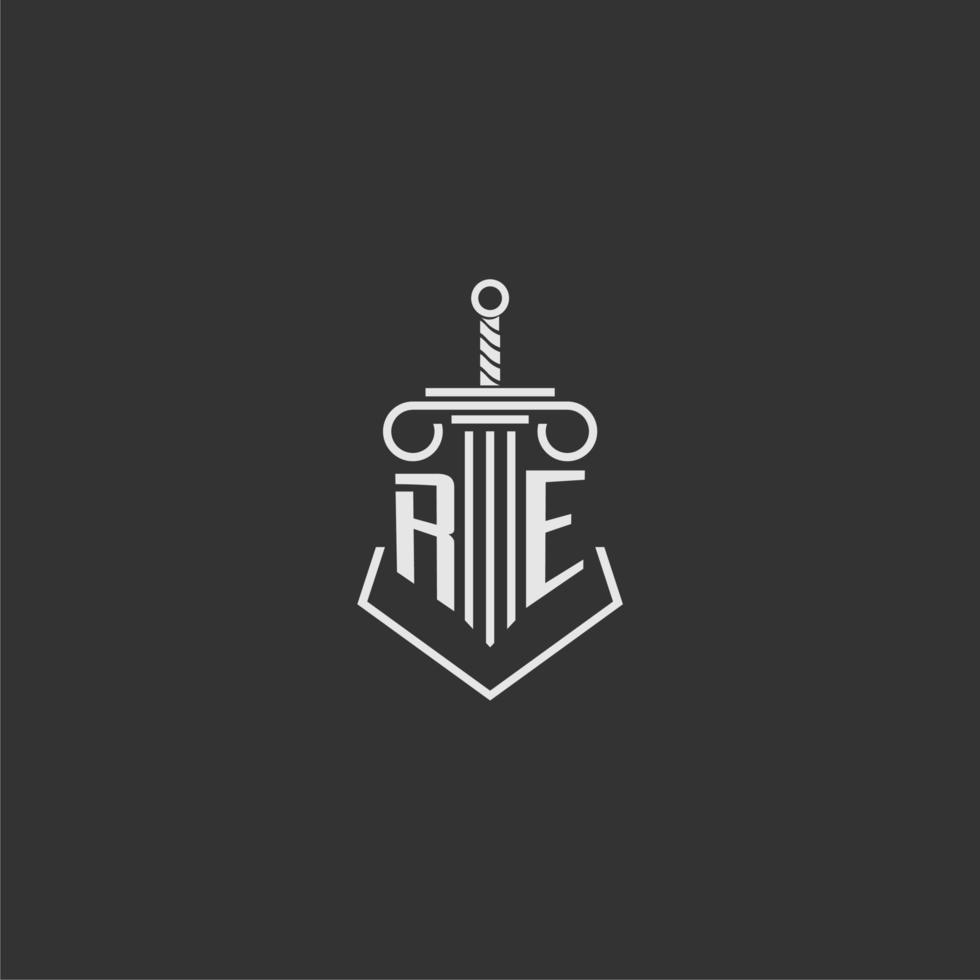 RE initial monogram law firm with sword and pillar logo design vector