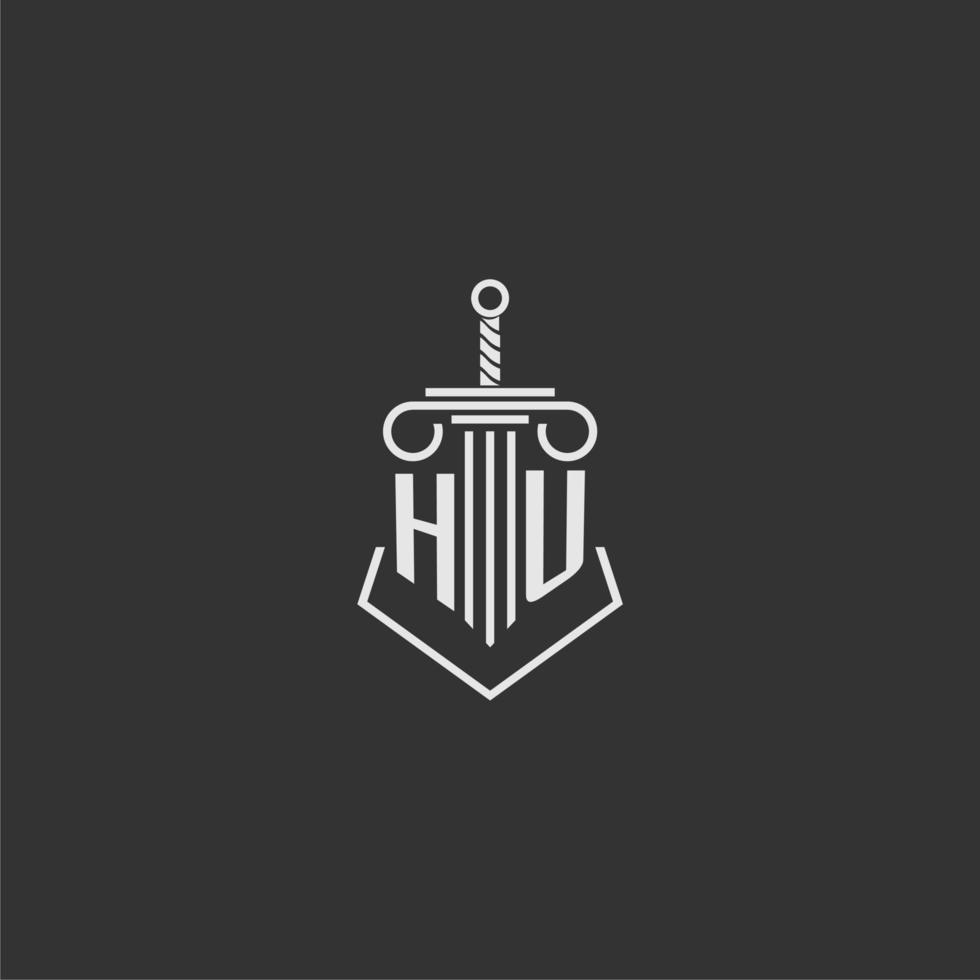 HU initial monogram law firm with sword and pillar logo design vector