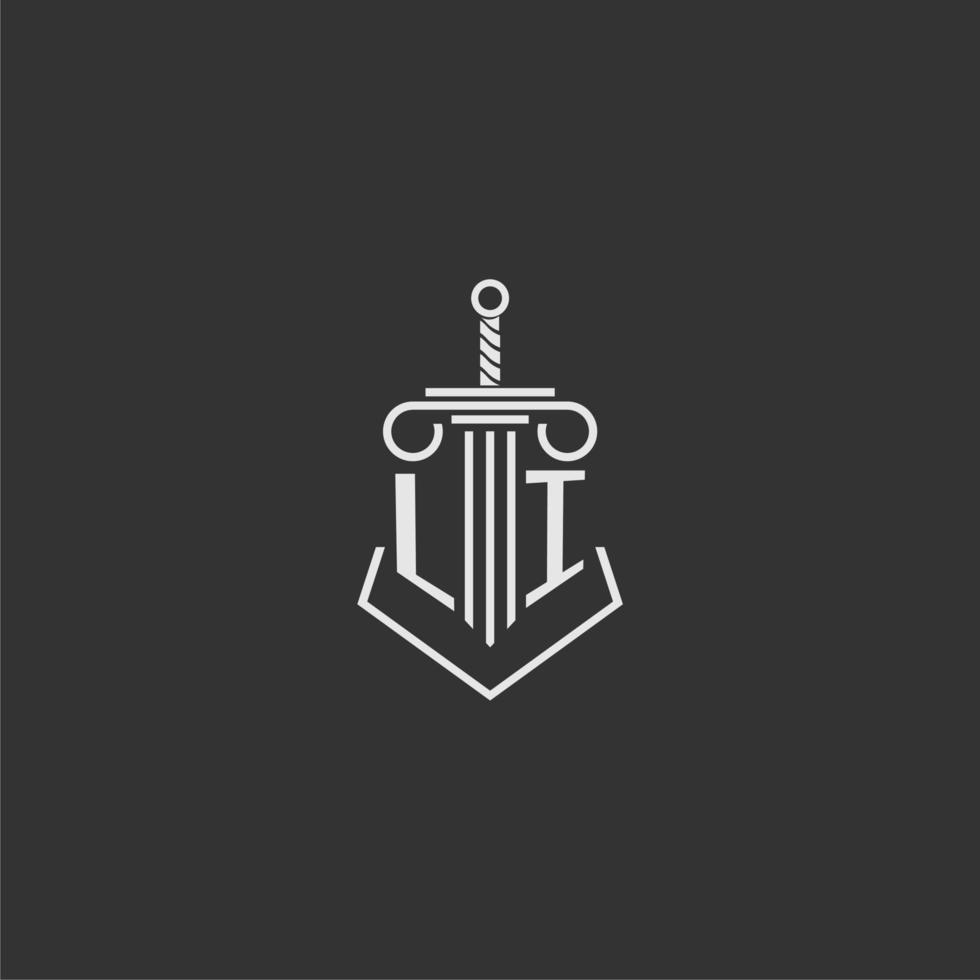 LI initial monogram law firm with sword and pillar logo design vector
