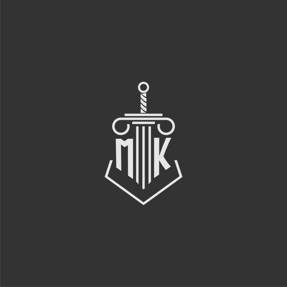 MK initial monogram law firm with sword and pillar logo design vector