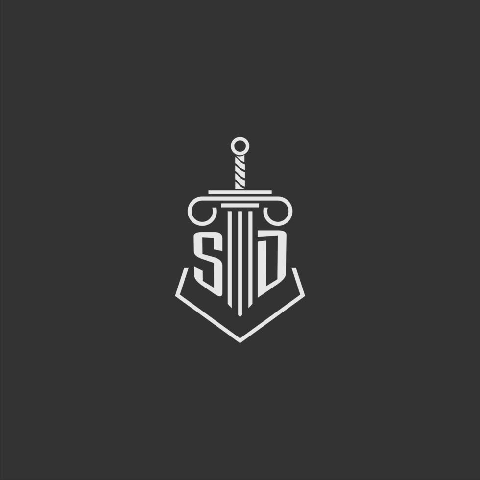 SD initial monogram law firm with sword and pillar logo design vector