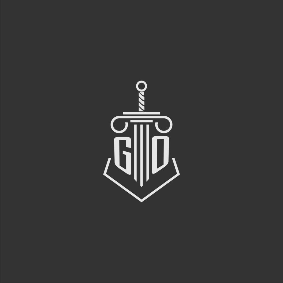 GO initial monogram law firm with sword and pillar logo design vector