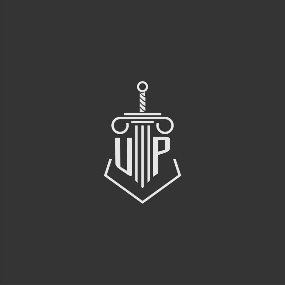 UP initial monogram law firm with sword and pillar logo design vector