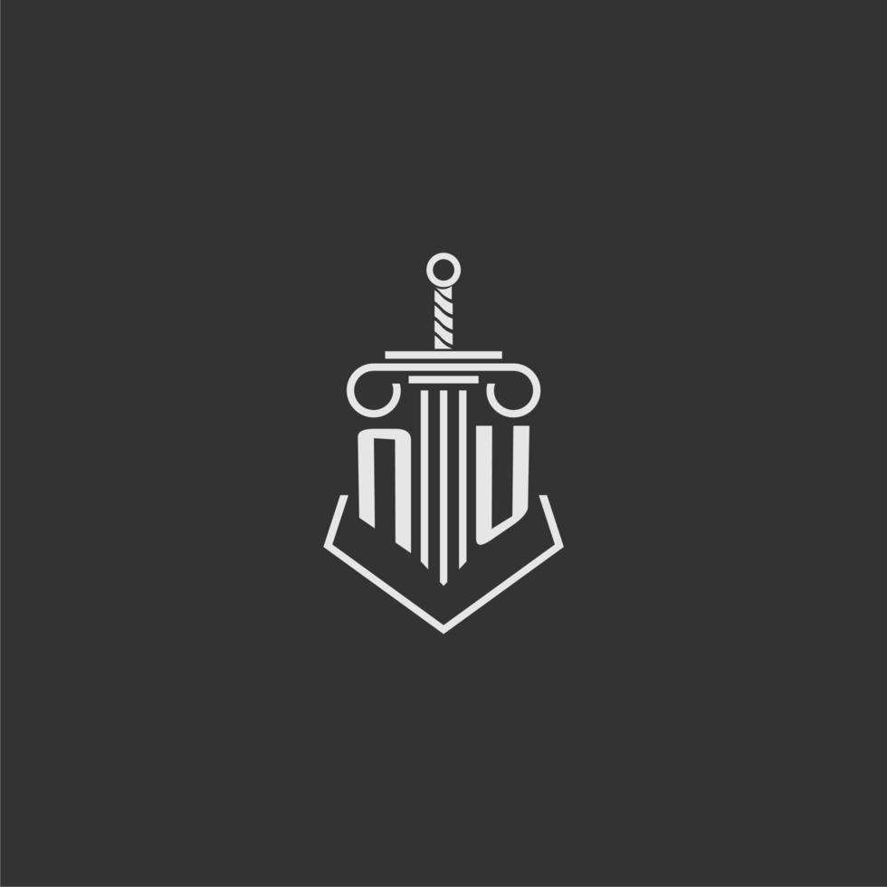 NU initial monogram law firm with sword and pillar logo design vector