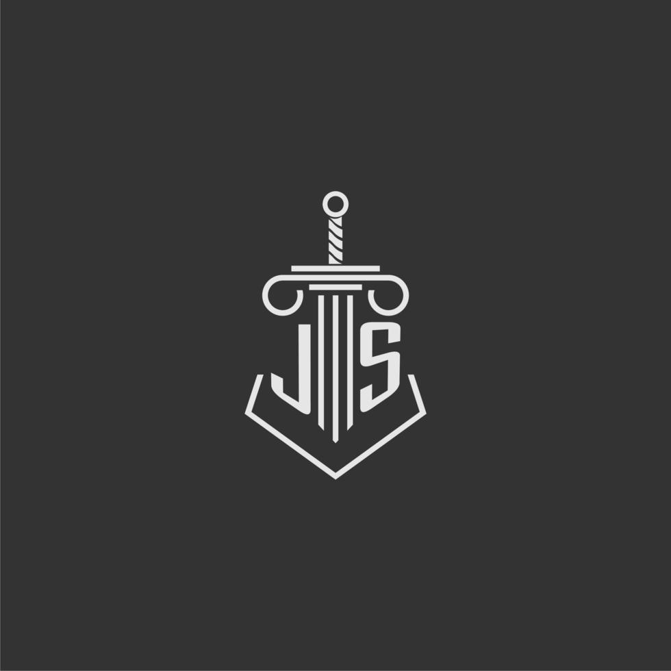 JS initial monogram law firm with sword and pillar logo design vector