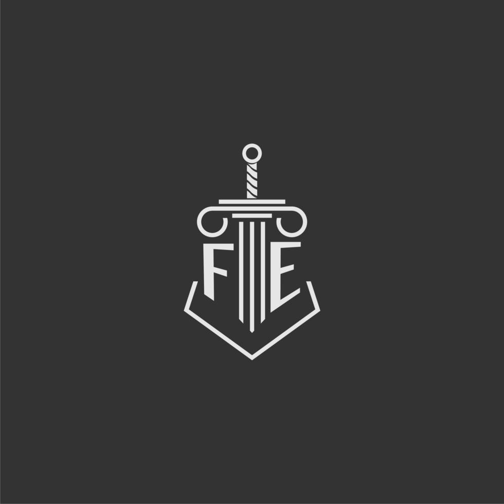 FE initial monogram law firm with sword and pillar logo design vector