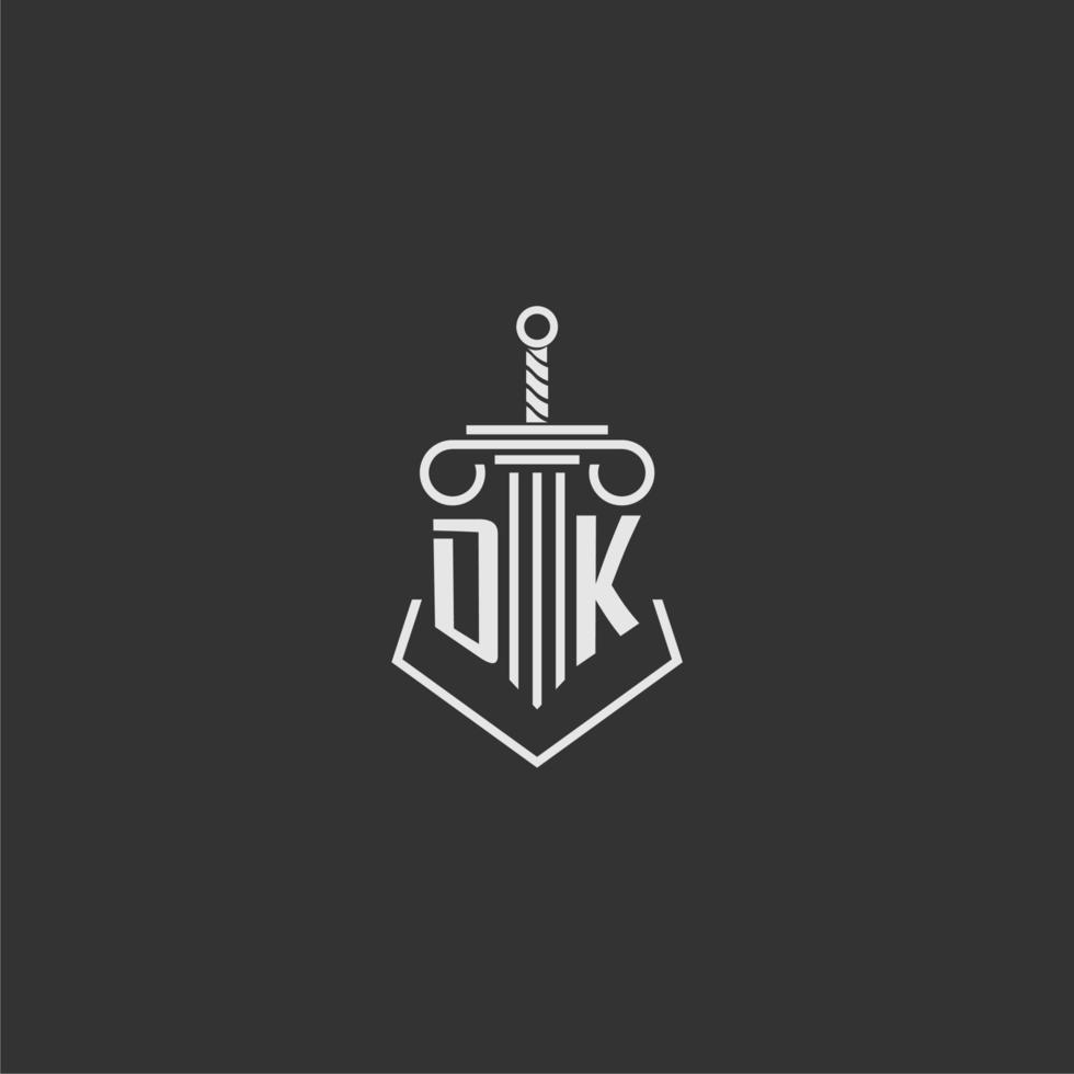 DK initial monogram law firm with sword and pillar logo design vector