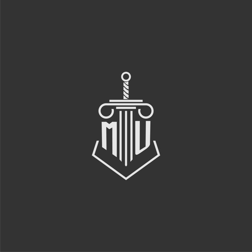 MU initial monogram law firm with sword and pillar logo design vector