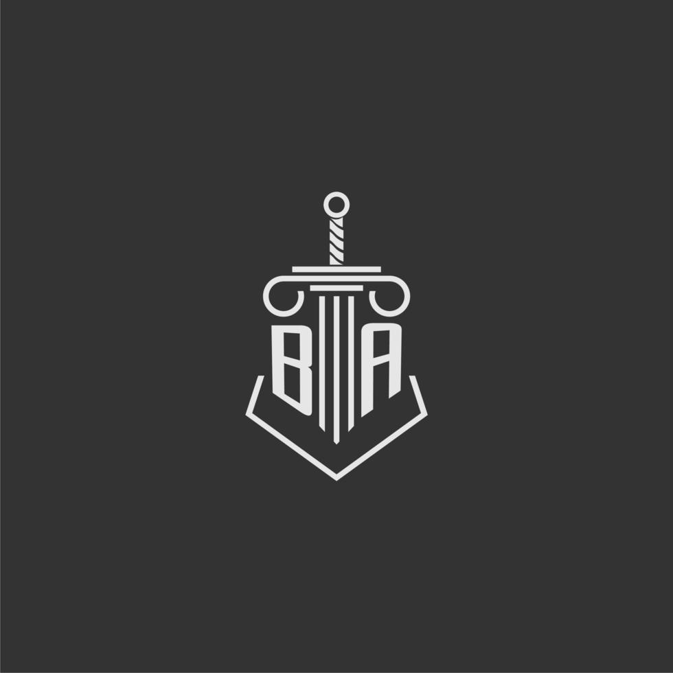 BA initial monogram law firm with sword and pillar logo design vector