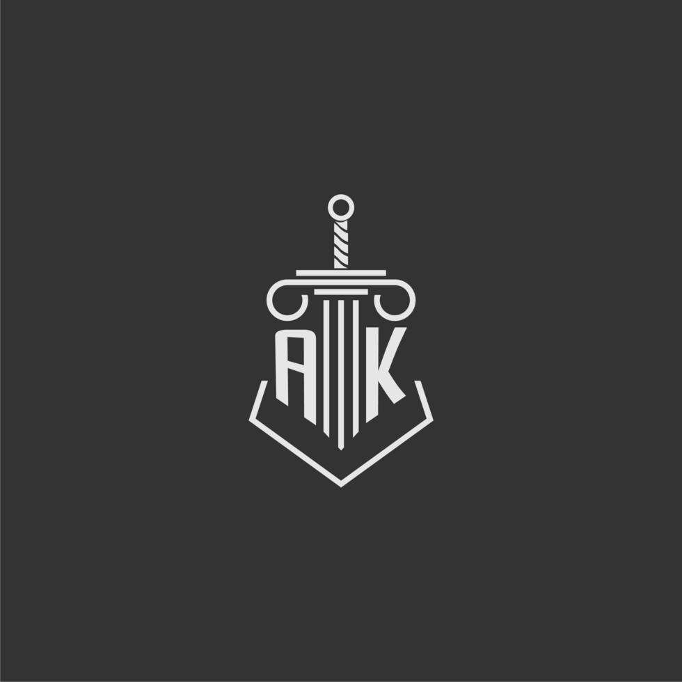 AK initial monogram law firm with sword and pillar logo design vector