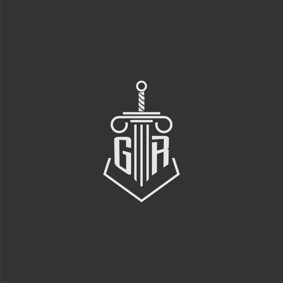 GR initial monogram law firm with sword and pillar logo design vector