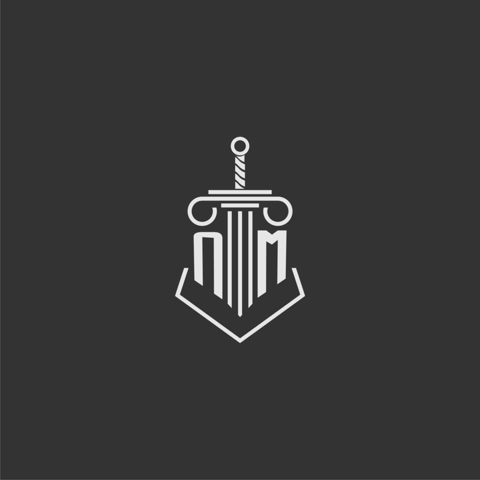 NM initial monogram law firm with sword and pillar logo design vector