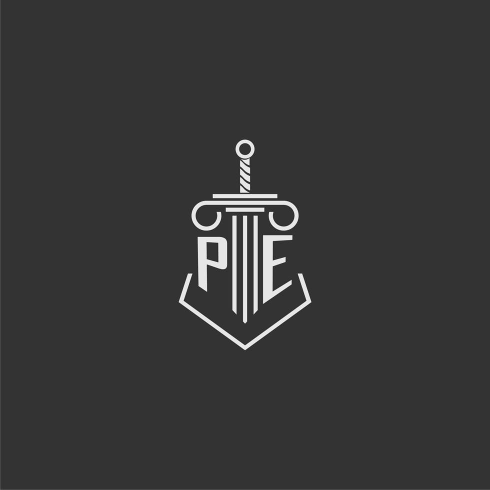 PE initial monogram law firm with sword and pillar logo design vector