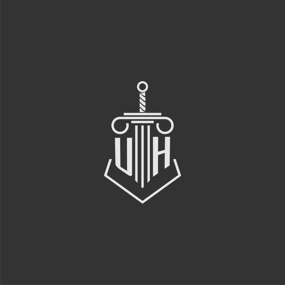 UH initial monogram law firm with sword and pillar logo design vector