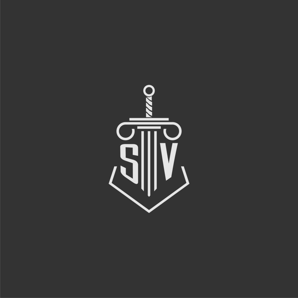 SV initial monogram law firm with sword and pillar logo design vector
