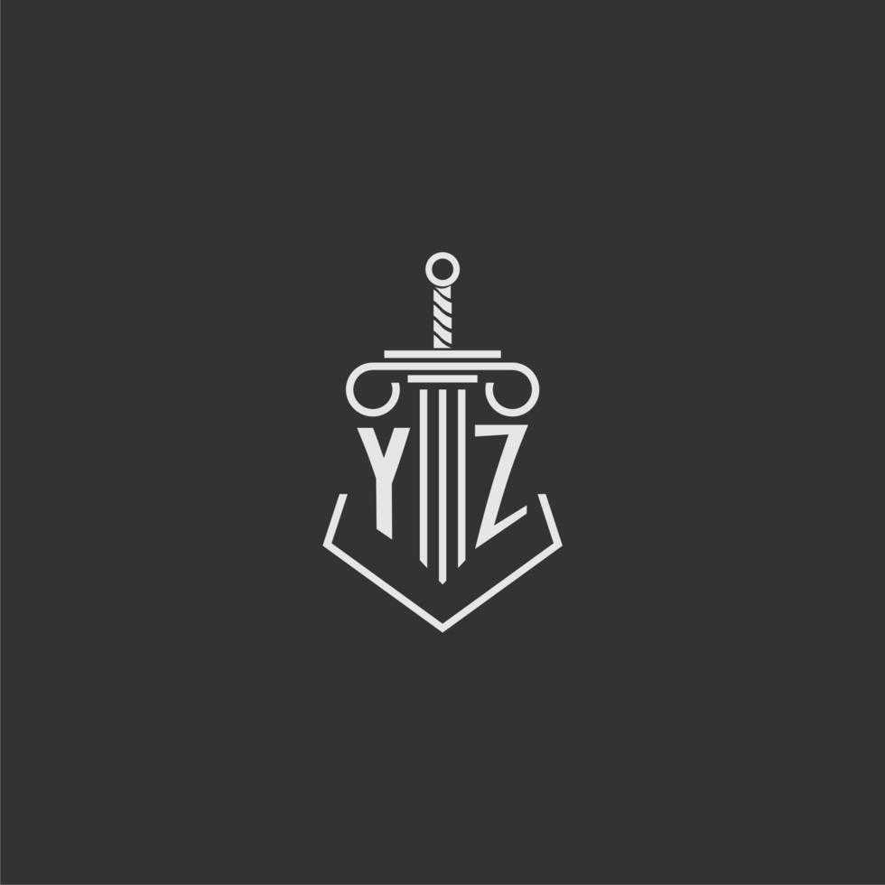 YZ initial monogram law firm with sword and pillar logo design vector