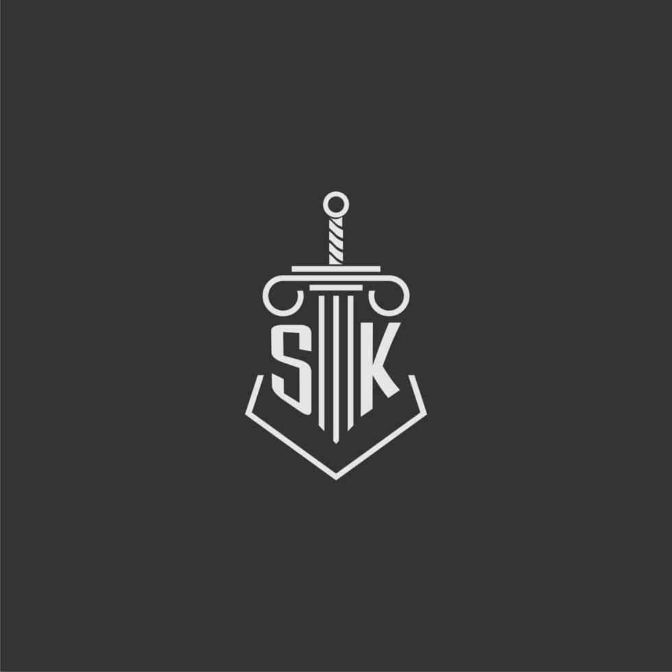 sk inicial monograma ley firma con espada y pilar logo diseño vector