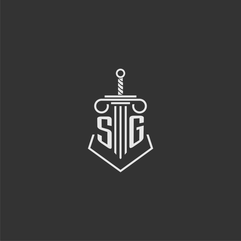 sg inicial monograma ley firma con espada y pilar logo diseño vector