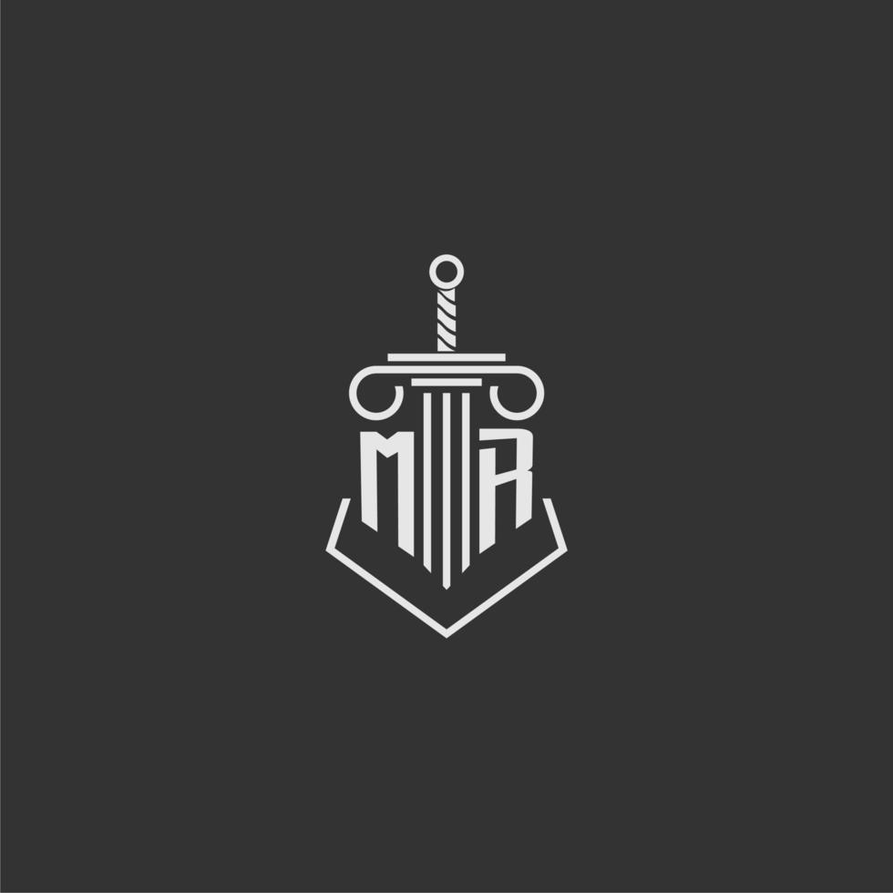 MR initial monogram law firm with sword and pillar logo design vector