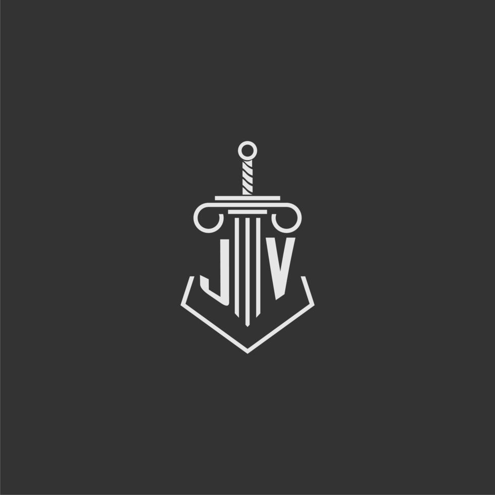 JV initial monogram law firm with sword and pillar logo design vector