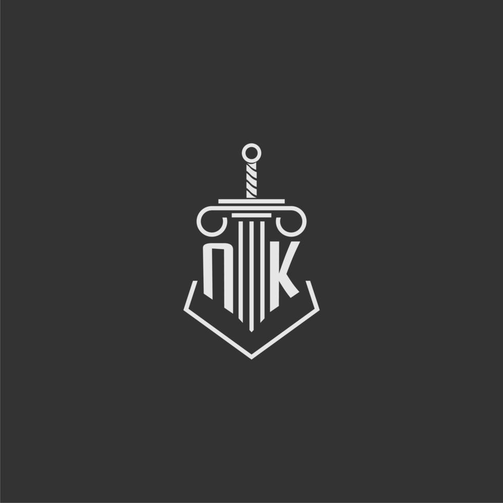 NK initial monogram law firm with sword and pillar logo design vector