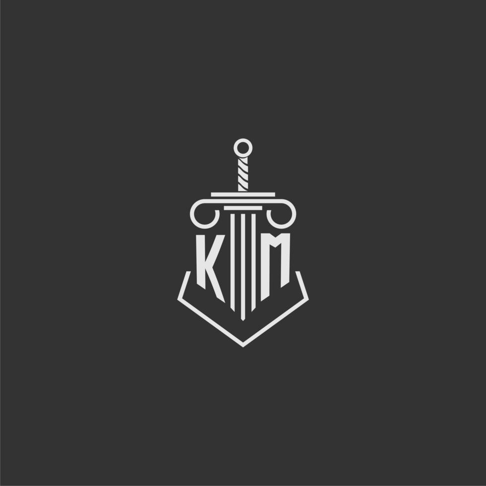 KM initial monogram law firm with sword and pillar logo design vector