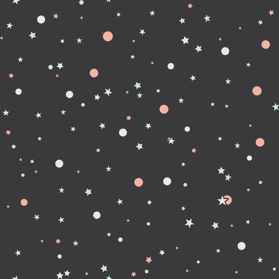 Messy circles and stars of different sizes  background. Confetti seamless pattern with round shapes, dots. Geometric wrapping paper. vector