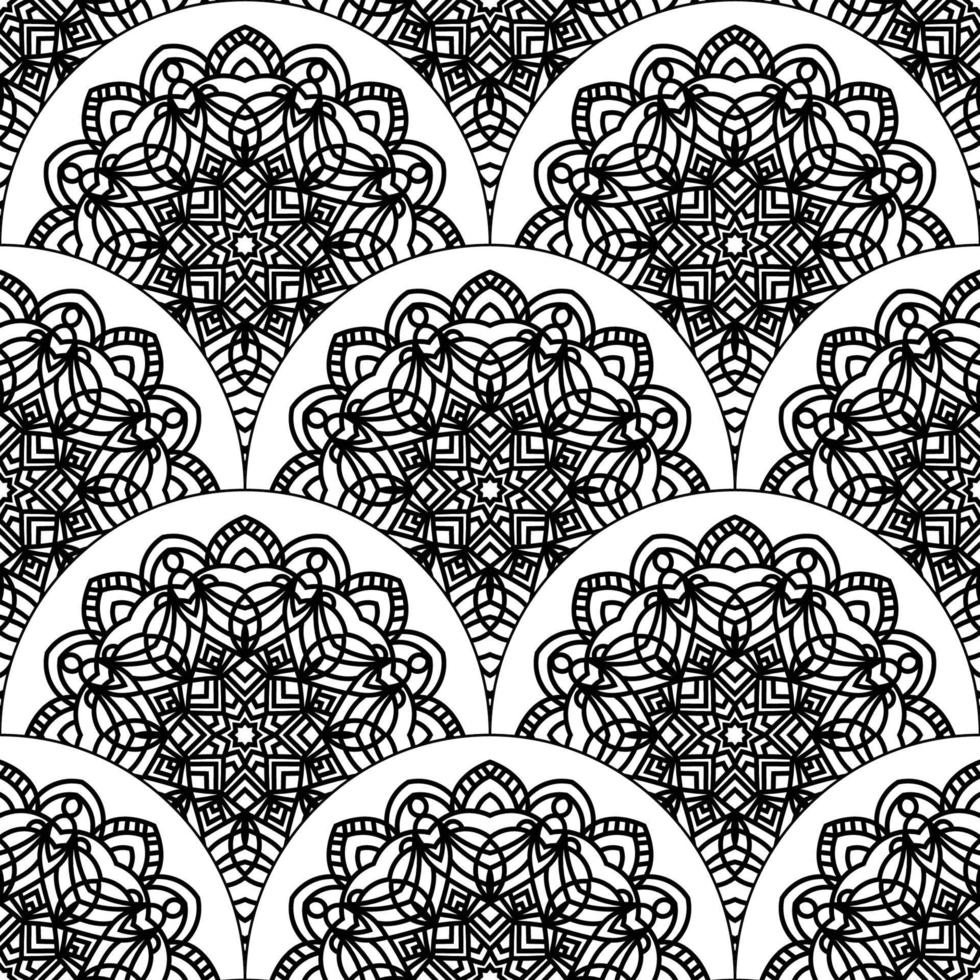 Abstract mandala fish scale seamless pattern. Ornamental tile, mosaic background. Floral patchwork infinity card. Arabic, Indian, ottoman motifs. vector