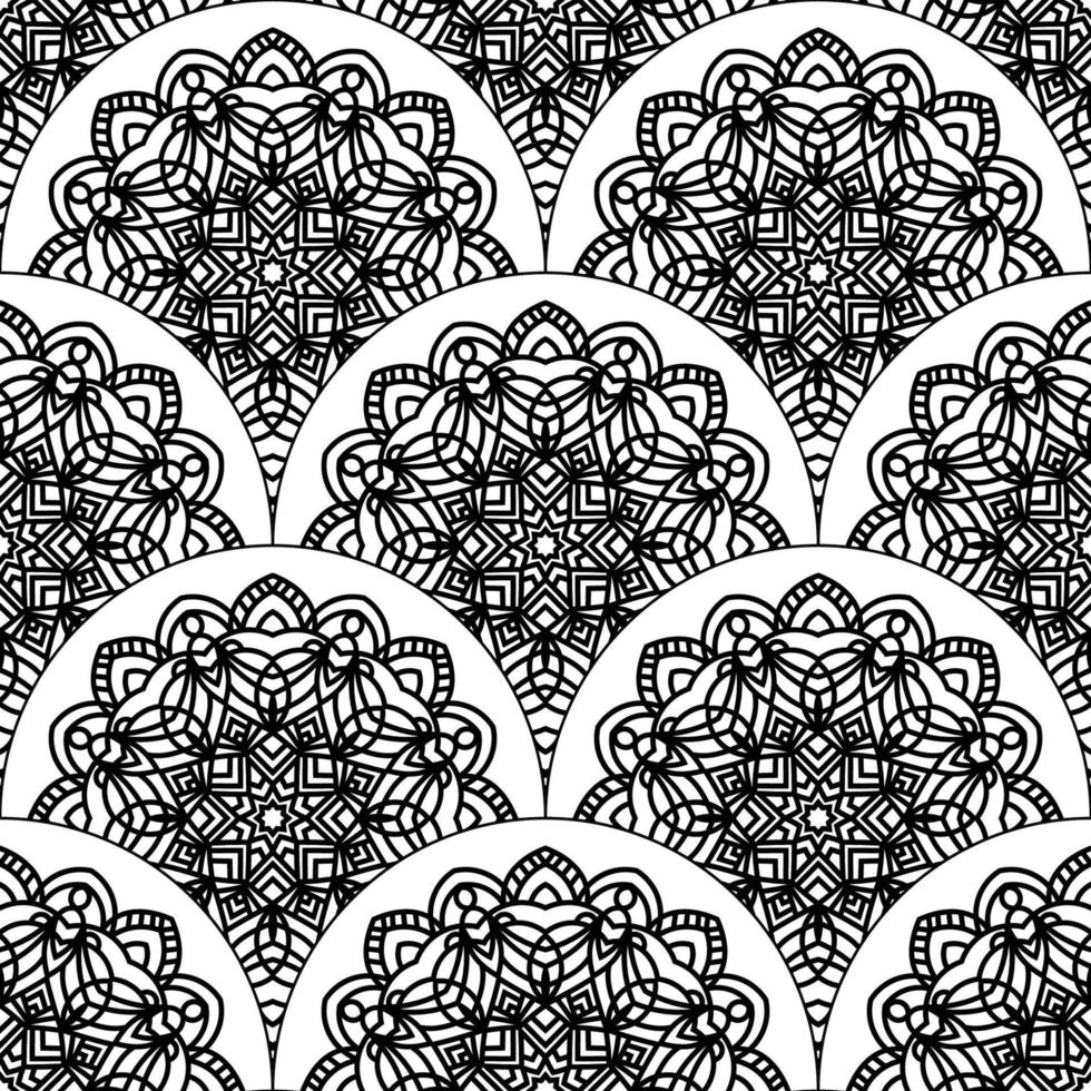 Abstract mandala fish scale seamless pattern. Ornamental tile, mosaic background. Floral patchwork infinity card. Arabic, Indian, ottoman motifs. vector