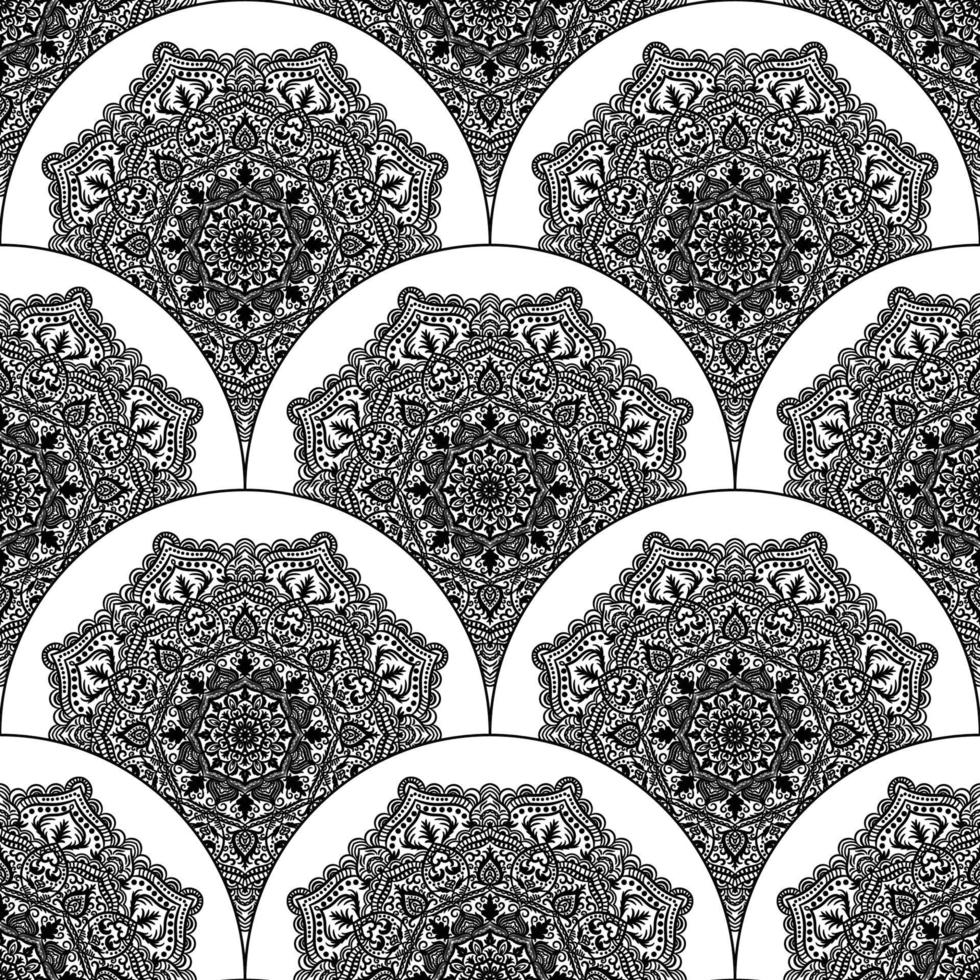 Abstract mandala fish scale seamless pattern. Ornamental tile, mosaic background. Floral patchwork infinity card. Arabic, Indian, ottoman motifs. vector