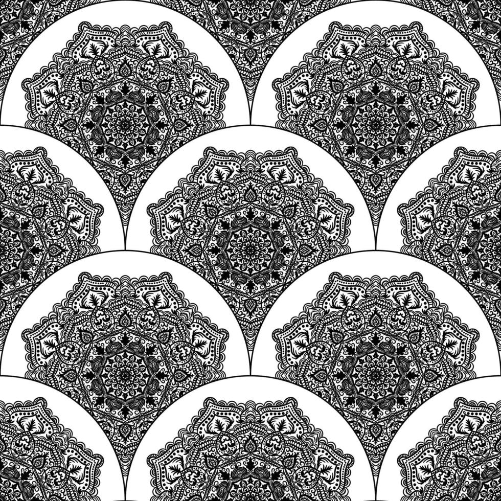 Abstract mandala fish scale seamless pattern. Ornamental tile, mosaic background. Floral patchwork infinity card. Arabic, Indian, ottoman motifs. vector