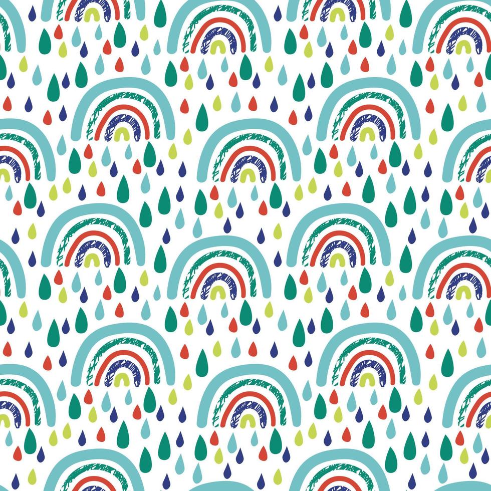 Cute cartoon textured rainbow in flat style seamless pattern. Childlike geo and weather background. Wrapping paper, textile, infinity card. vector