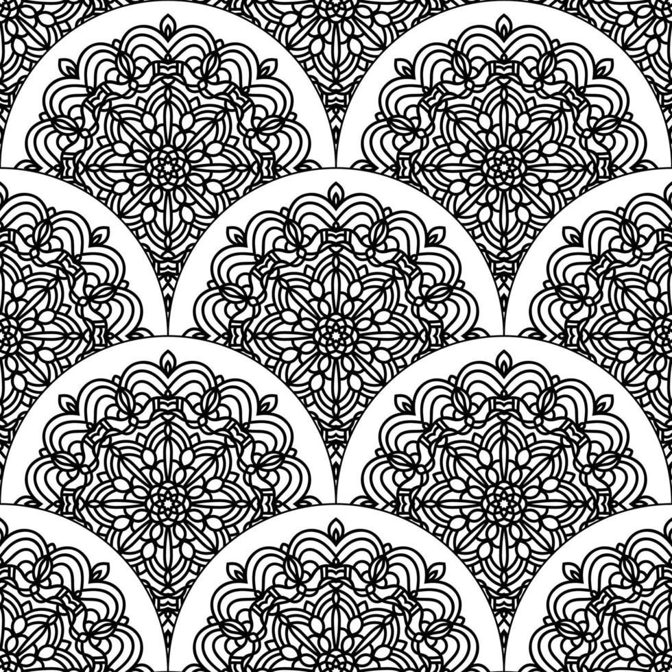 Abstract mandala fish scale seamless pattern. Ornamental tile, mosaic background. Floral patchwork infinity card. Arabic, Indian, ottoman motifs. vector