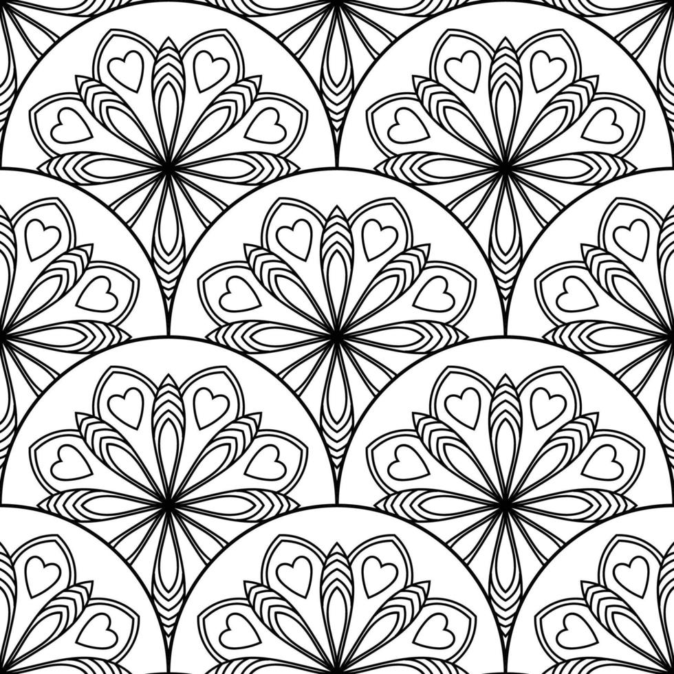 Abstract mandala fish scale seamless pattern. Ornamental tile, mosaic background. Floral patchwork infinity card. Arabic, Indian, ottoman motifs. vector