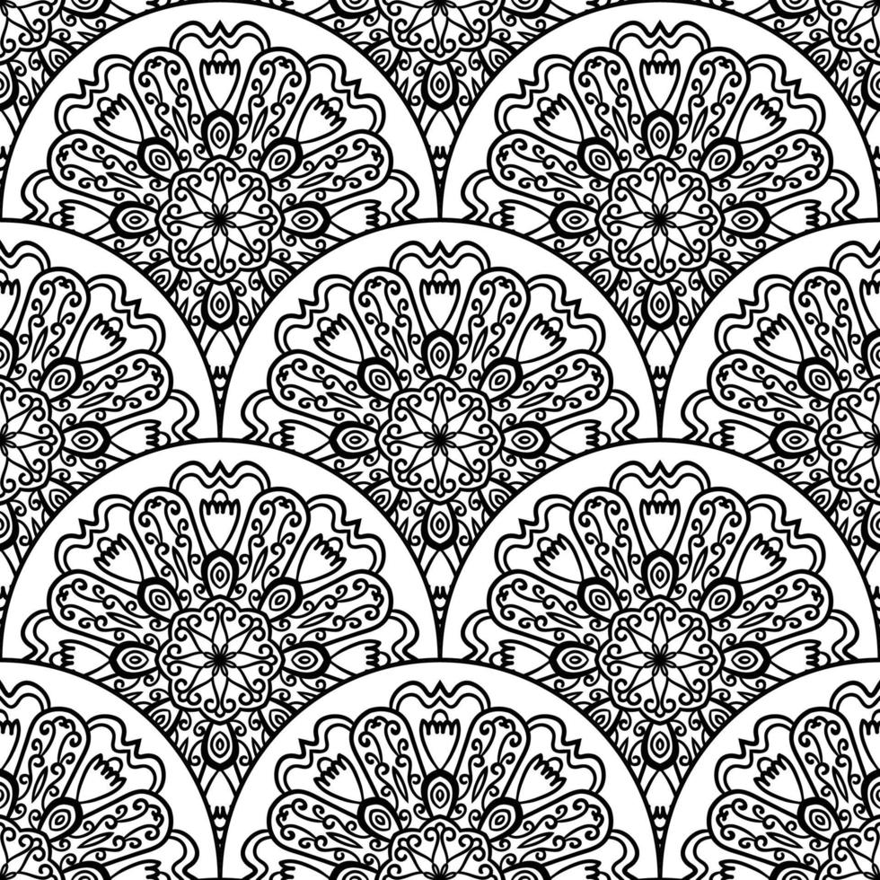 Abstract mandala fish scale seamless pattern. Ornamental tile, mosaic background. Floral patchwork infinity card. Arabic, Indian, ottoman motifs. vector