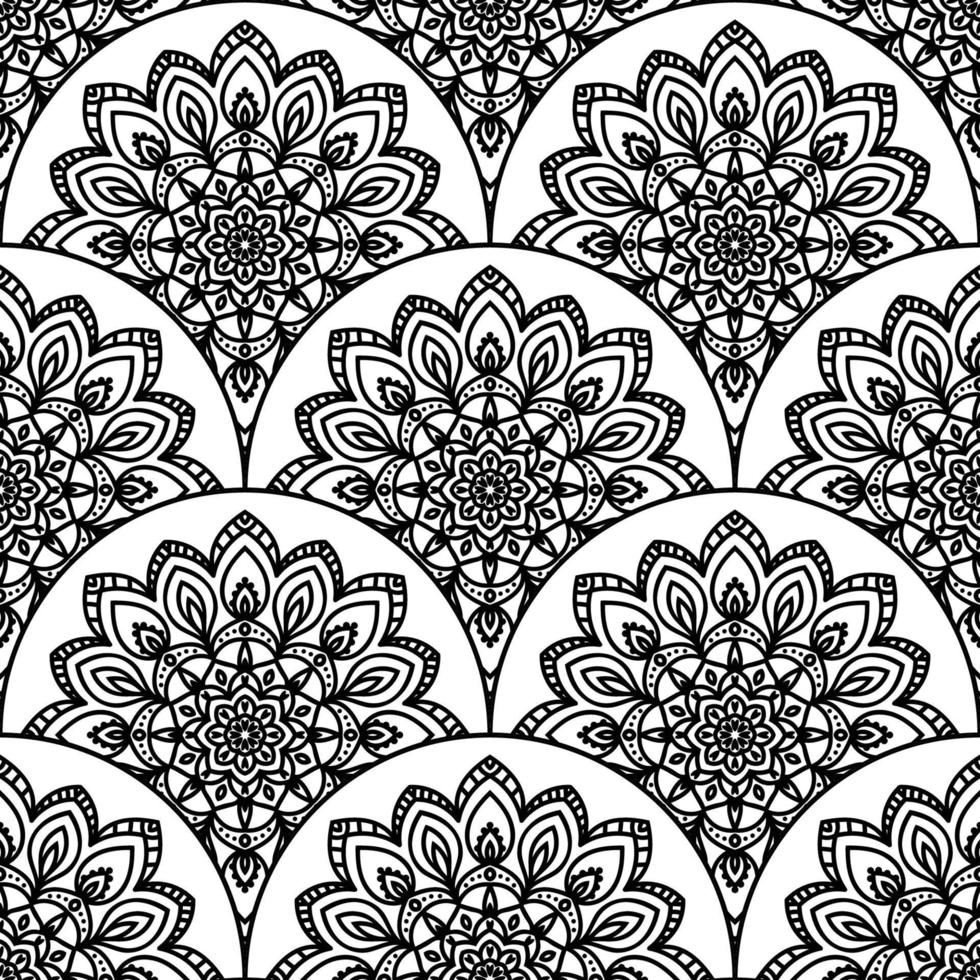 Abstract mandala fish scale seamless pattern. Ornamental tile, mosaic background. Floral patchwork infinity card. Arabic, Indian, ottoman motifs. vector