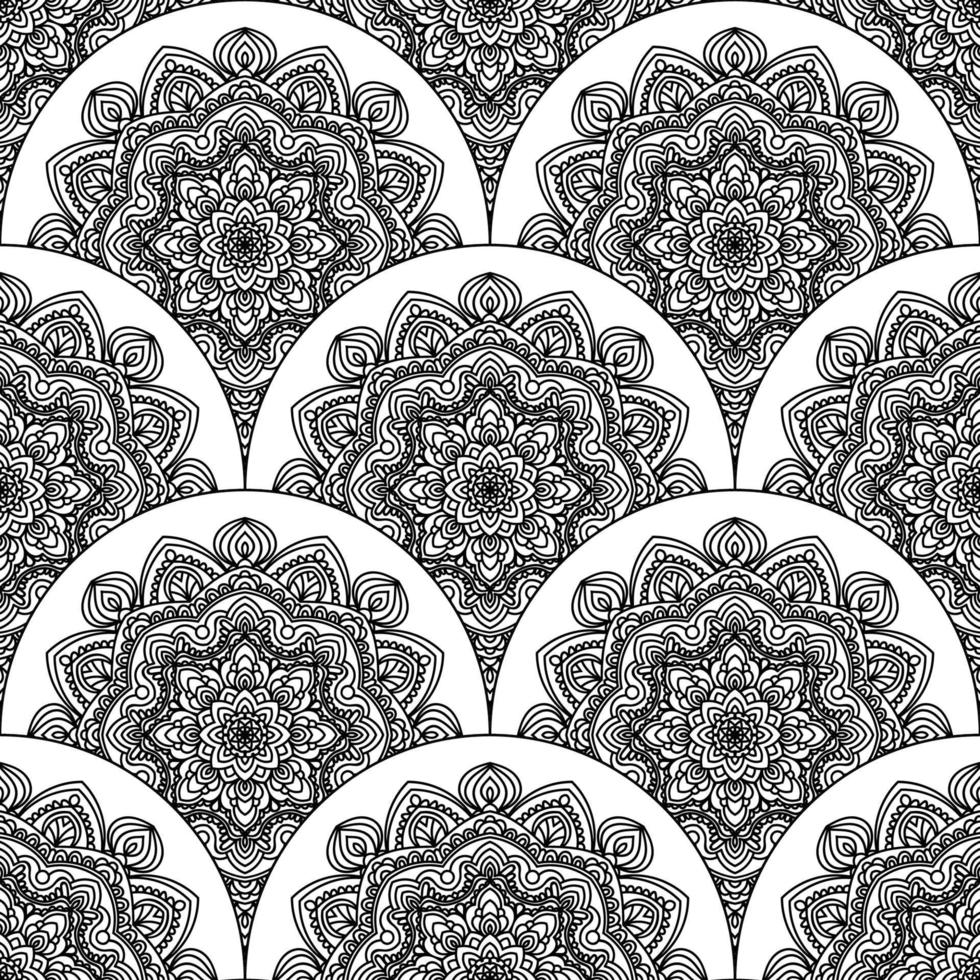 Abstract mandala fish scale seamless pattern. Ornamental tile, mosaic background. Floral patchwork infinity card. Arabic, Indian, ottoman motifs. vector