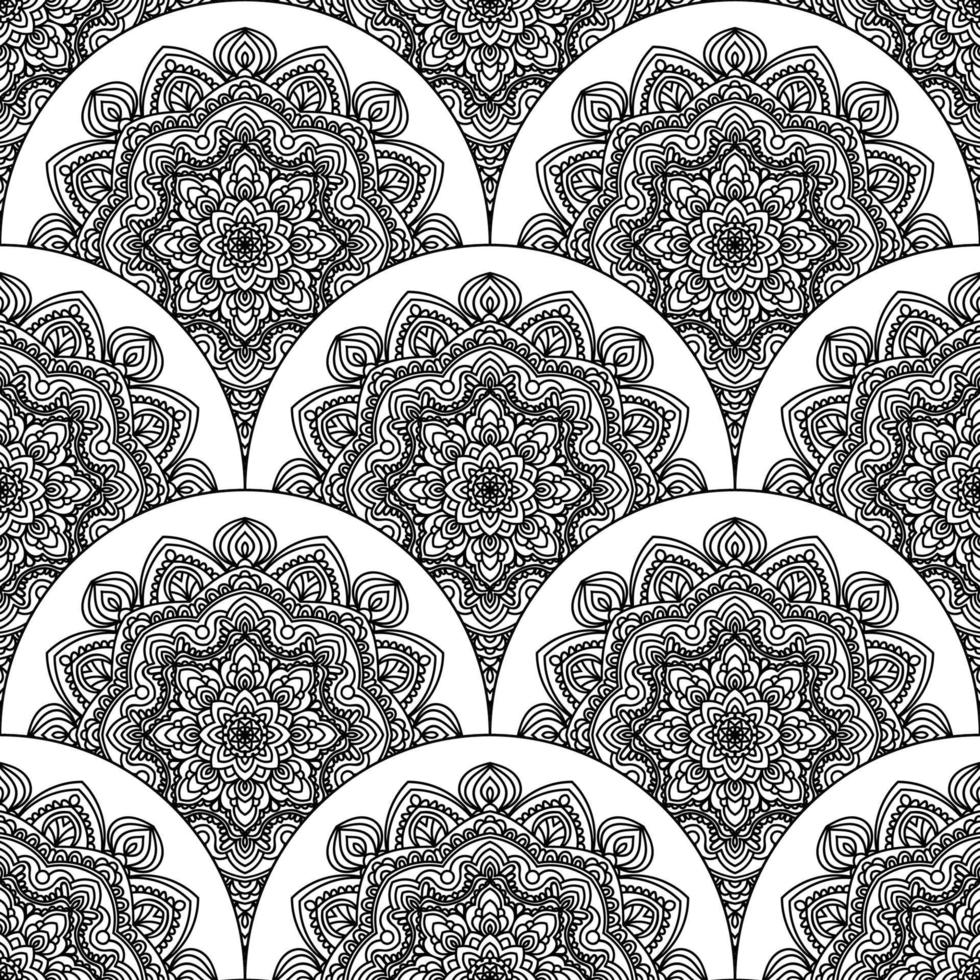 Abstract mandala fish scale seamless pattern. Ornamental tile, mosaic background. Floral patchwork infinity card. Arabic, Indian, ottoman motifs. vector