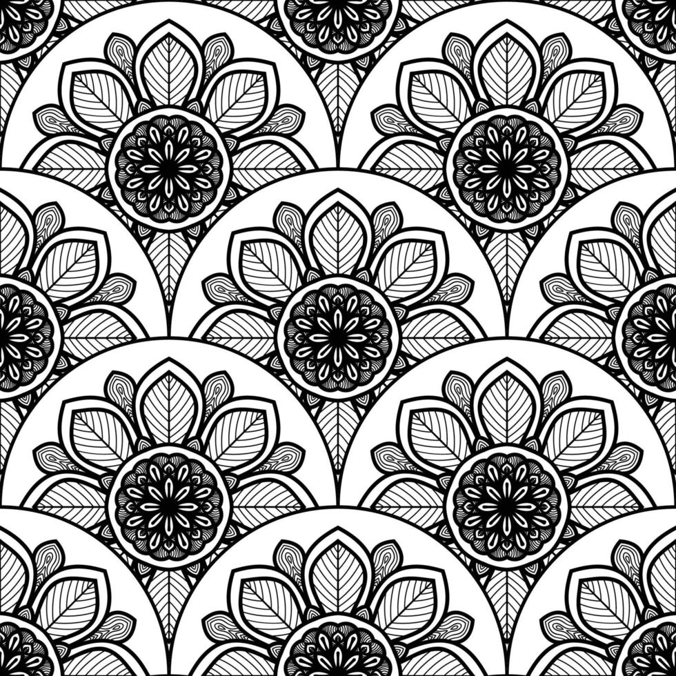 Abstract mandala fish scale seamless pattern. Ornamental tile, mosaic background. Floral patchwork infinity card. Arabic, Indian, ottoman motifs. vector