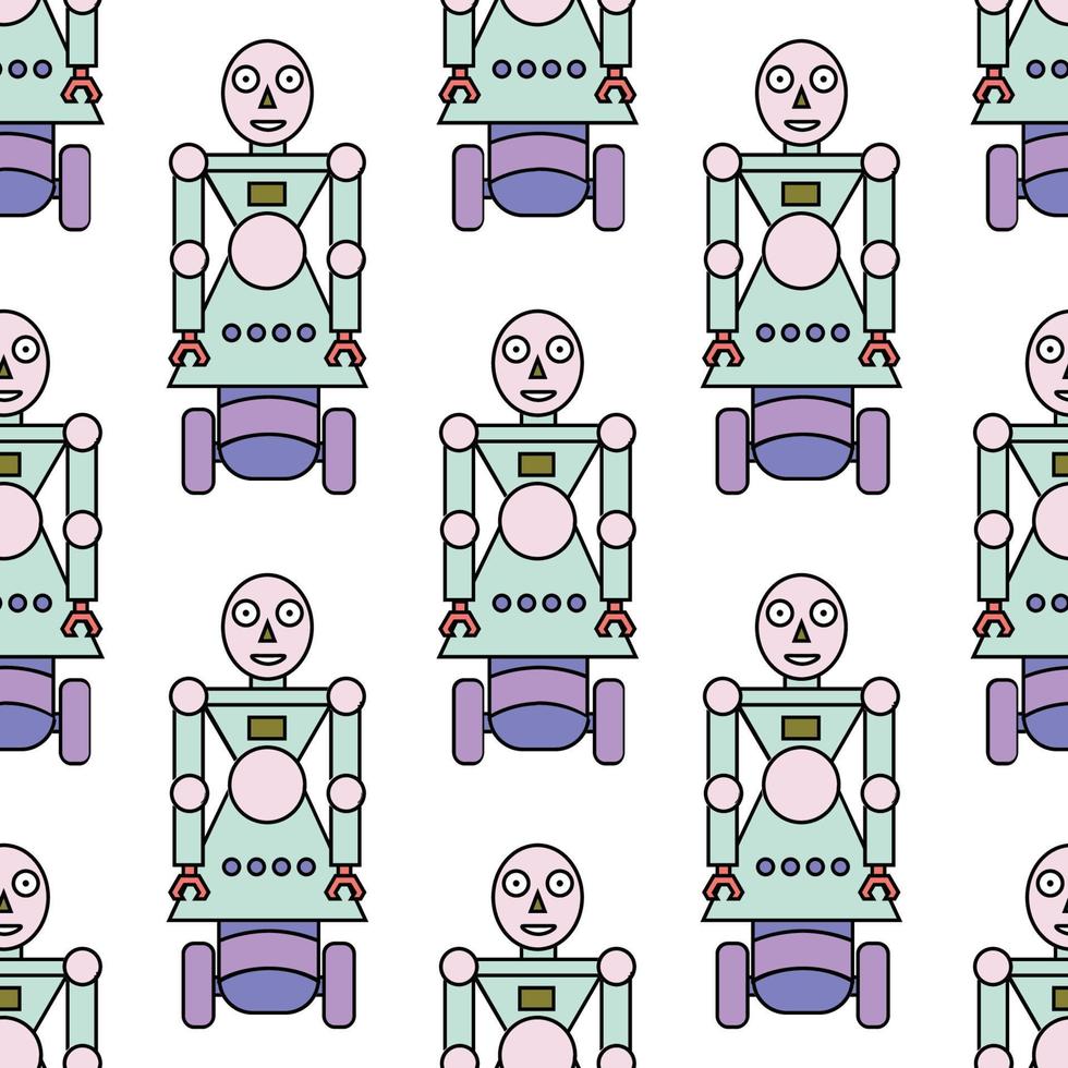 Seamless pattern with cartoon linear robot isolated on white background. vector