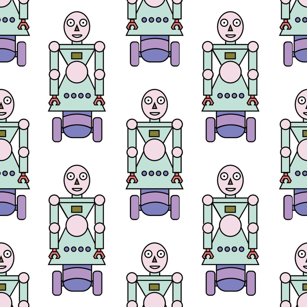 Seamless pattern with cartoon linear robot isolated on white background. vector