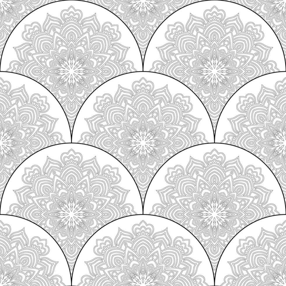Abstract mandala fish scale seamless pattern. Ornamental tile, mosaic background. Floral patchwork infinity card. Arabic, Indian, ottoman motifs. vector