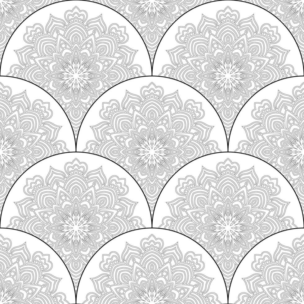 Abstract mandala fish scale seamless pattern. Ornamental tile, mosaic background. Floral patchwork infinity card. Arabic, Indian, ottoman motifs. vector