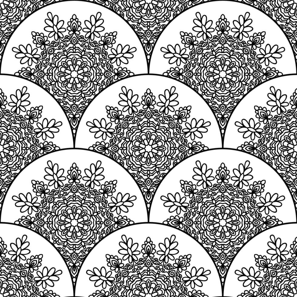 Abstract mandala fish scale seamless pattern. Ornamental tile, mosaic background. Floral patchwork infinity card. Arabic, Indian, ottoman motifs. vector
