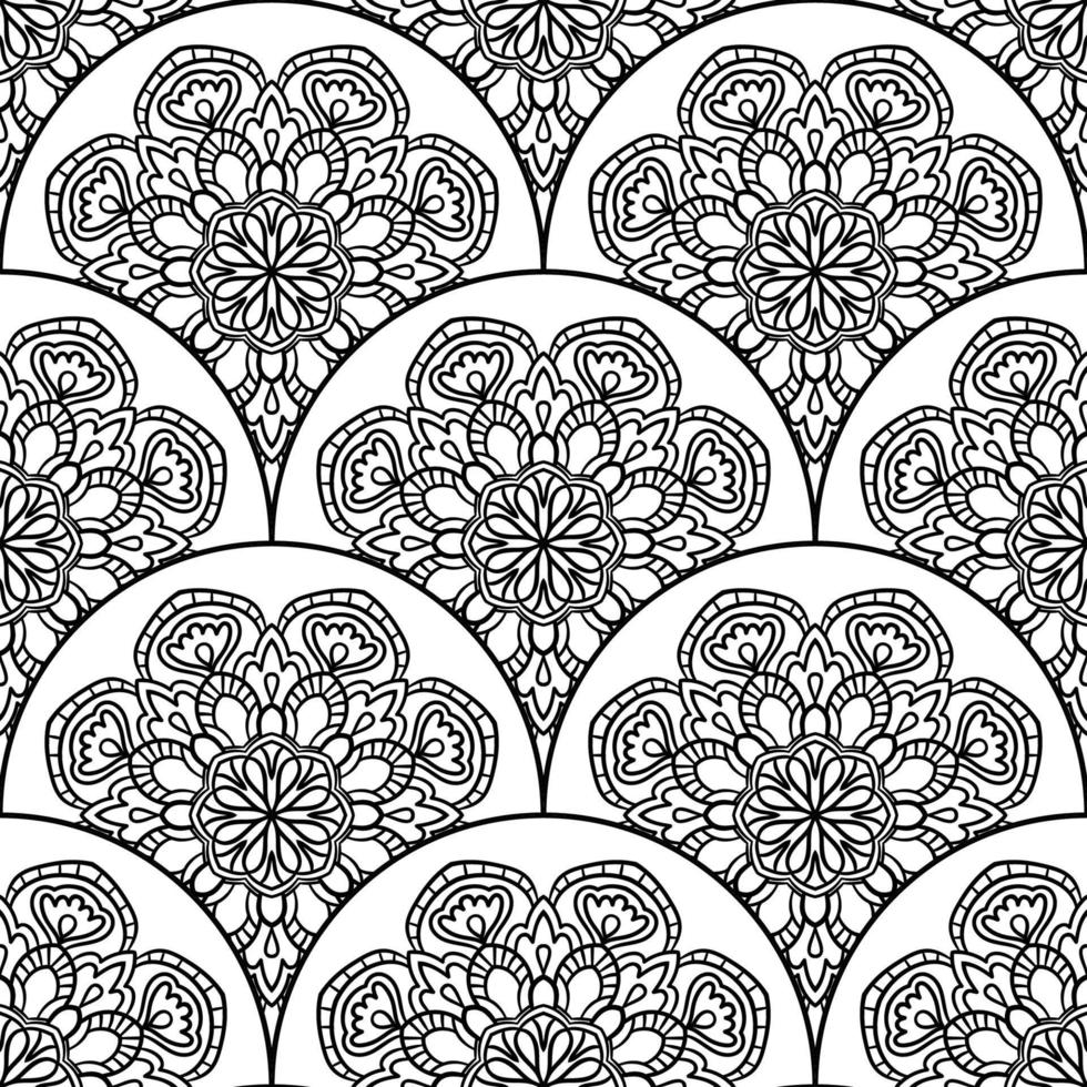 Abstract mandala fish scale seamless pattern. Ornamental tile, mosaic background. Floral patchwork infinity card. Arabic, Indian, ottoman motifs. vector