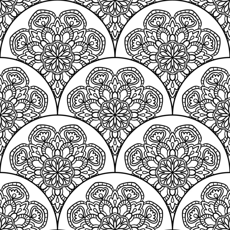 Abstract mandala fish scale seamless pattern. Ornamental tile, mosaic background. Floral patchwork infinity card. Arabic, Indian, ottoman motifs. vector