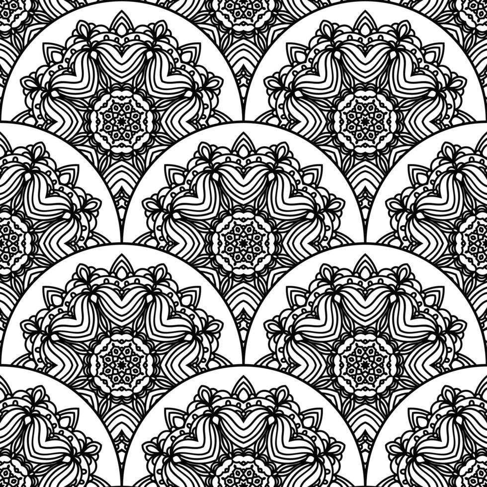 Abstract mandala fish scale seamless pattern. Ornamental tile, mosaic background. Floral patchwork infinity card. Arabic, Indian, ottoman motifs. vector
