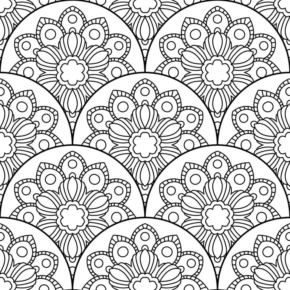 Abstract mandala fish scale seamless pattern. Ornamental tile, mosaic background. Floral patchwork infinity card. Arabic, Indian, ottoman motifs. vector