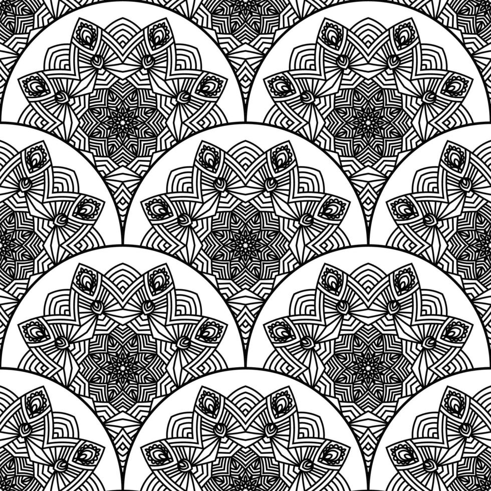 Abstract mandala fish scale seamless pattern. Ornamental tile, mosaic background. Floral patchwork infinity card. Arabic, Indian, ottoman motifs. vector